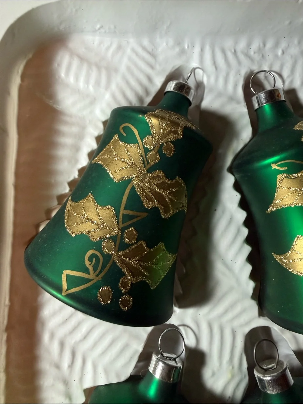 🔔 Vintage Green Glass Bell w/Gold Holly Painted Designs Holiday Ornaments